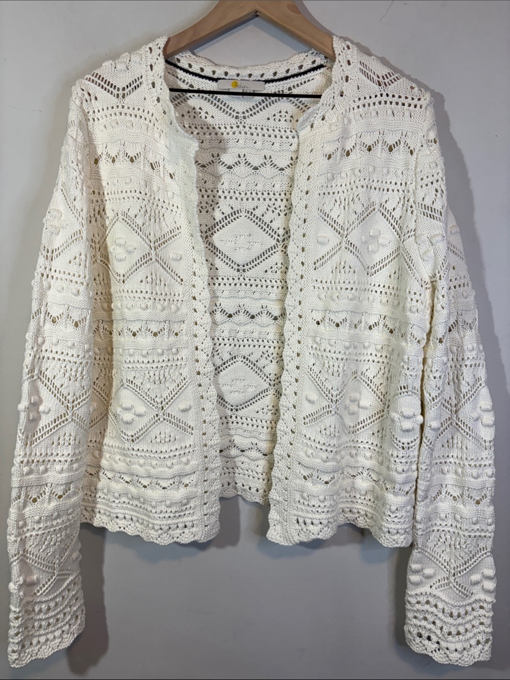 Boden Warm Ivory Hand Crochet Heritage Style Open Front Cardigan 100% Cotton 8